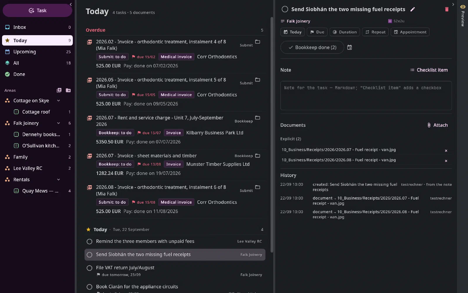The Tasks tab on 22 September: on the left Inbox, Today, Upcoming and the areas with their projects, in the middle four tasks for today, two of them due soon, on the right the task “Send Siobhán the two missing fuel receipts” with the two fuel receipts as documents and the button “Bookkeep done (2)”.