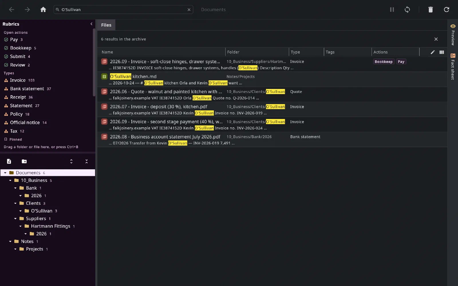 The Documents tab with the search O'Sullivan: six hits across the archive — the quote, two stage invoices, the invoice for the fittings, a bank statement with the transfer and the project note —, the matches highlighted; on the left the tree counts the hits per folder.