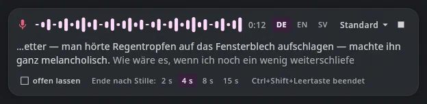 Die Leiste des Diktats mit einem langen Satz, der Anfang abgeschnitten mit drei Punkten.