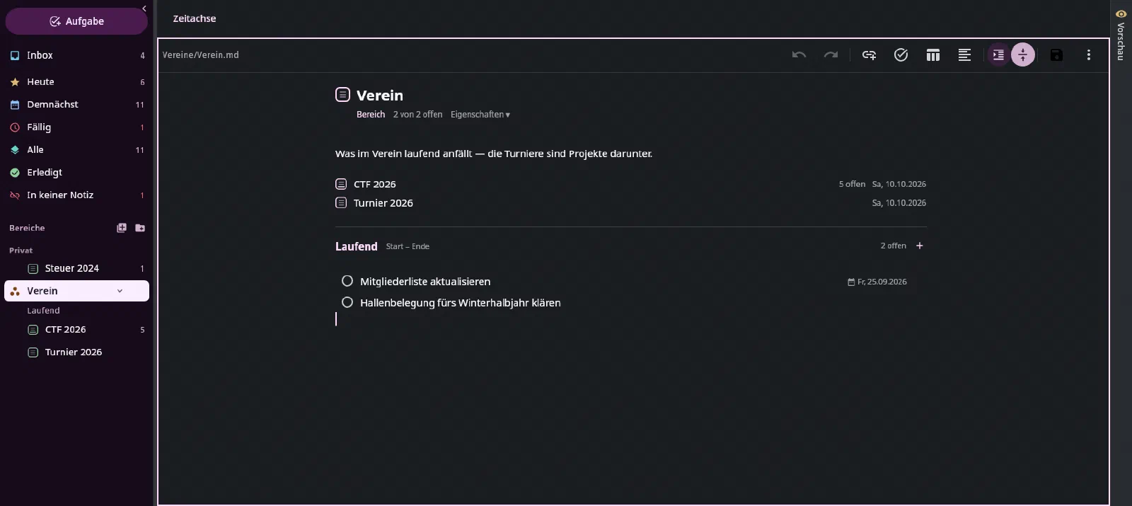 Eine Bereichsnotiz mit ihren Projekten