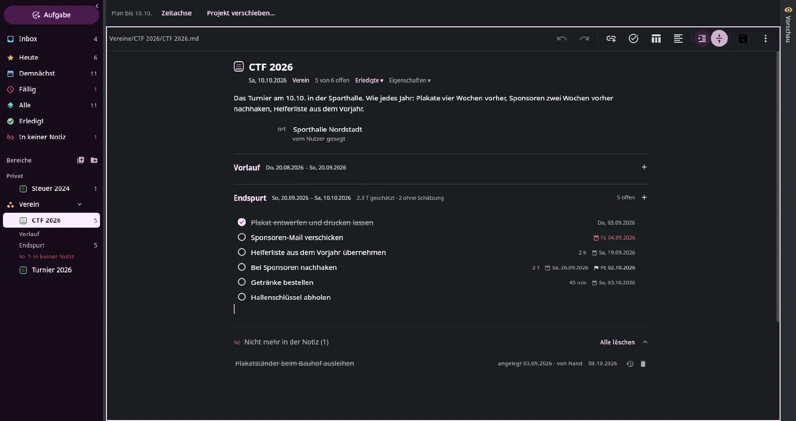 Die Projektnotiz als Projektseite