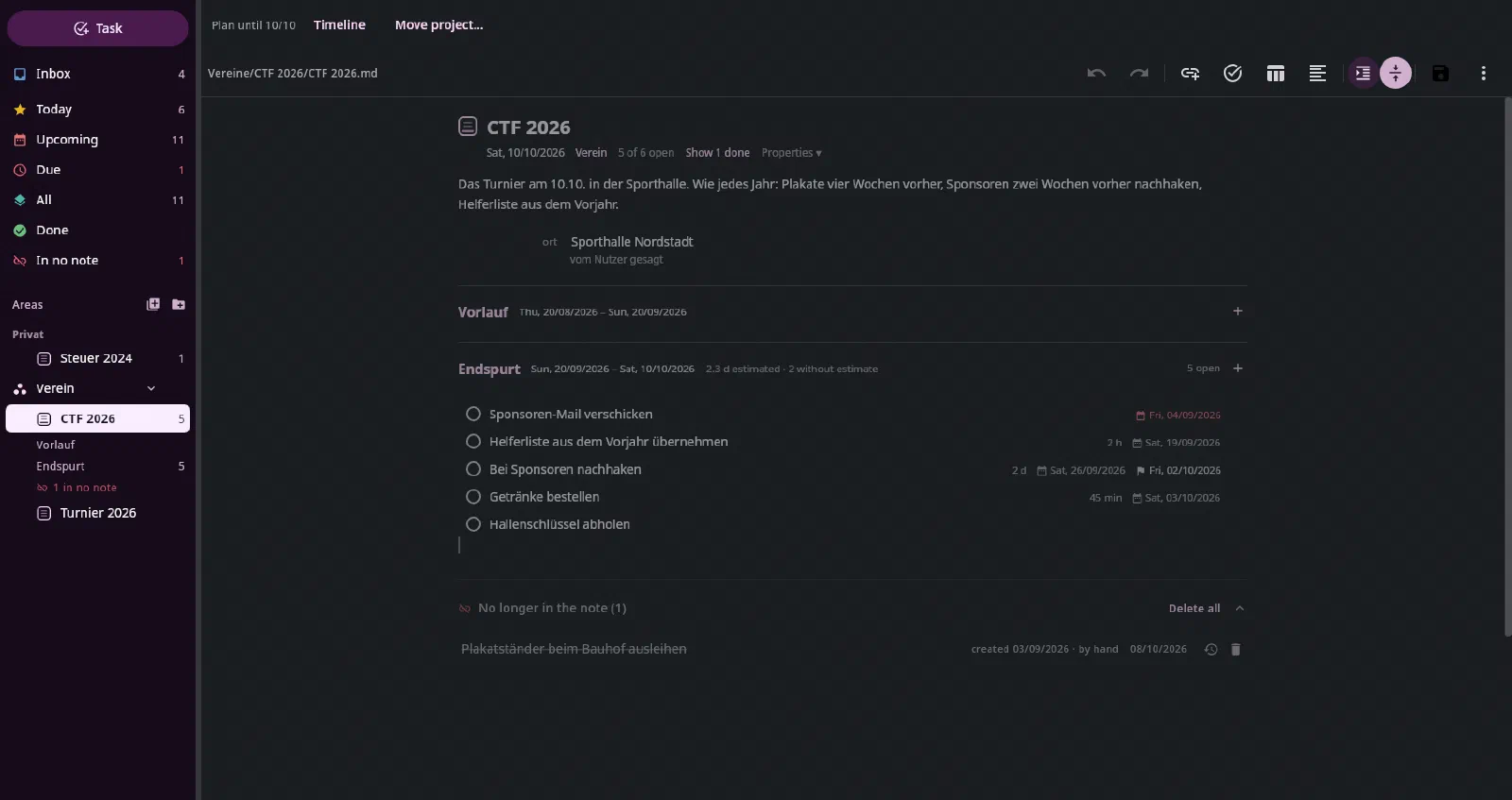 The project note as a project page