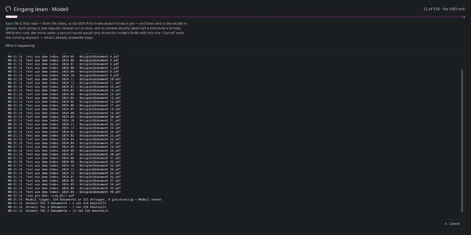 The Inbox during a run: count, bar, explanation, log, Cancel