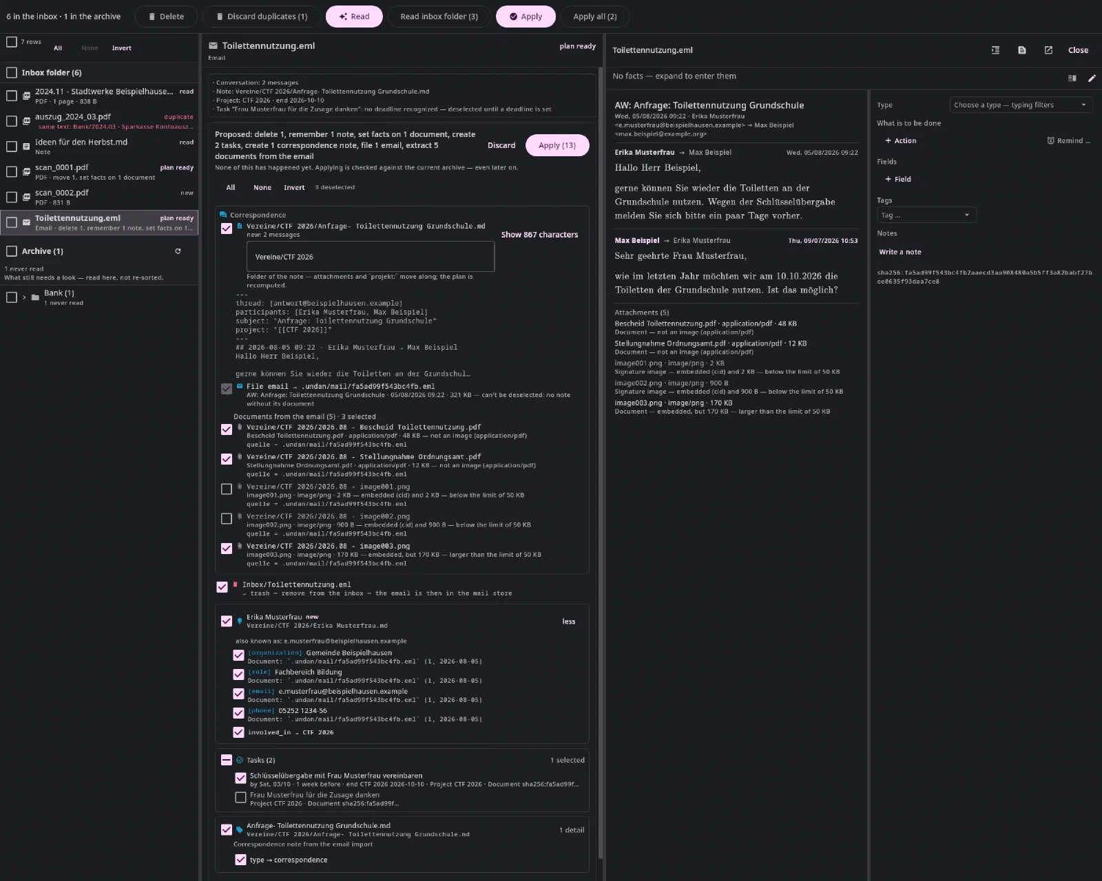An email in the inbox: in the middle the proposal to file the conversation as a correspondence note, with attachments, a contact and tasks, each with a checkbox; on the right the email.