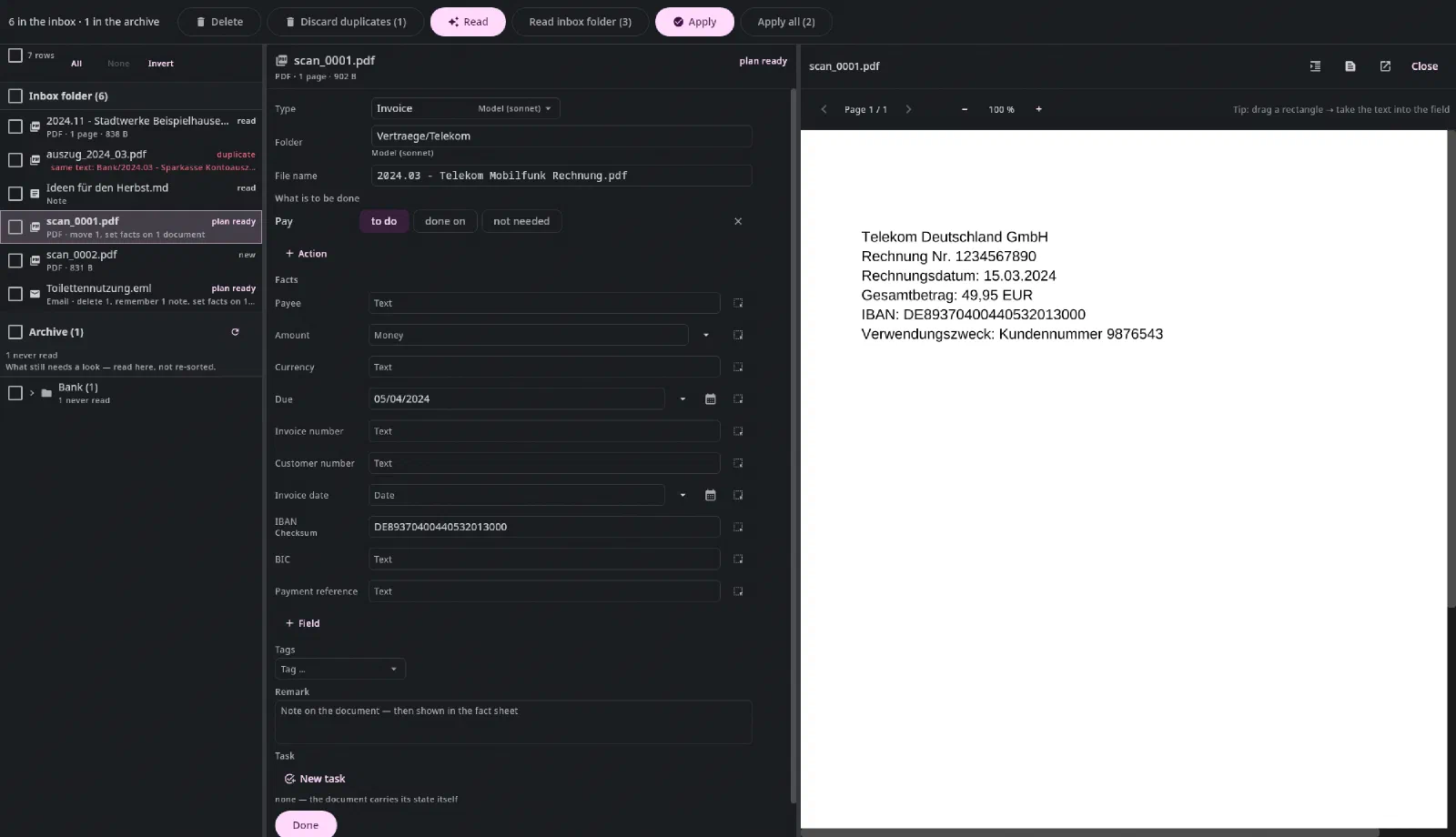 The Inbox with the plan for a scan